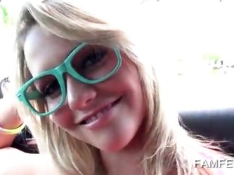 Playful Blonde Teenie Showing Perky Tits In Car
